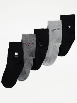 Grey Gamer Slogan Ankle Socks 5 Pack