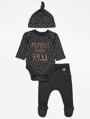 Black Slogan Print Hat Bodysuit and Footed Joggers Outfit