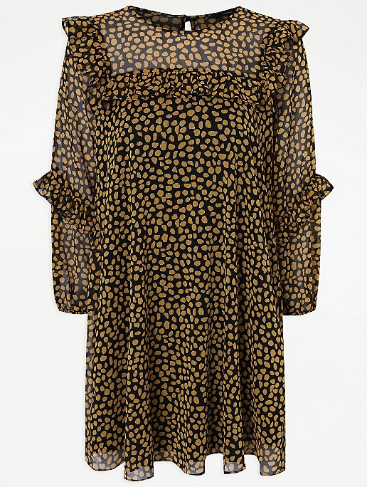Mustard Yellow Animal Print Sheer Frill Mini Dress | Women | George at ASDA