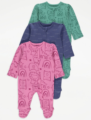 Pink Animal Doodle Print Sleepsuits 3 Pack