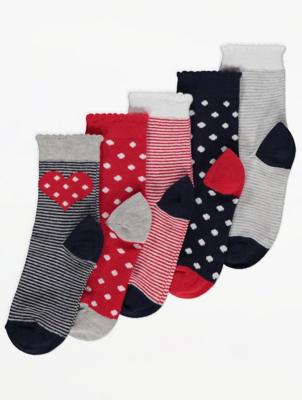 Red Heart Polka Dot Print Ankle Socks 5 Pack