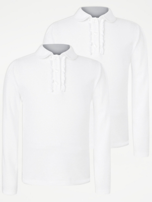 Girls White Long Sleeve Ruffle School Polo Shirt 2 Pack