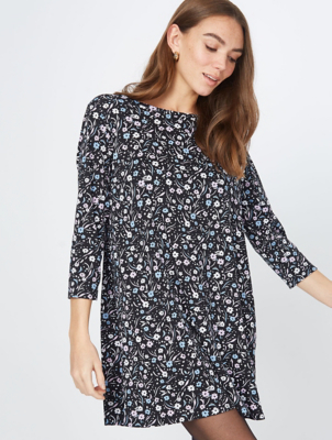 Black Floral Long Sleeve Tunic Dress 