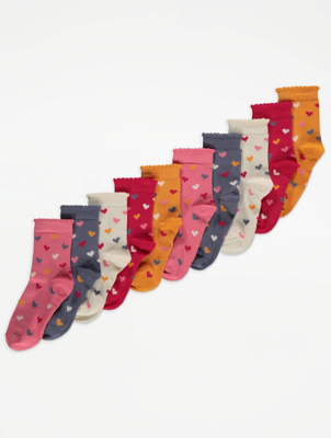Pink Heart Print Ankle Socks 10 Pack