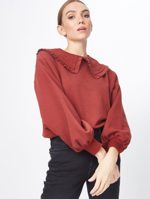 Red Broderie Anglaise Collared Sweatshirt