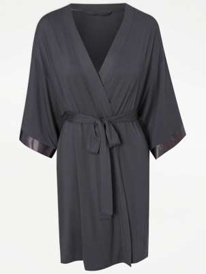 Charcoal Satin Trim Lightweight Dressing Gown Women at ASDA