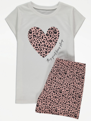 Pink Leopard Print Slogan Short Pyjamas