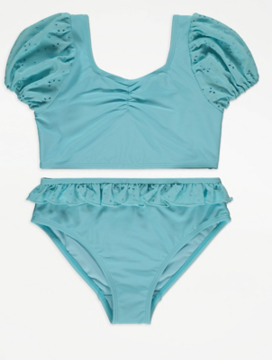 Blue Puff Sleeve Ruffled Waist Bikini Set