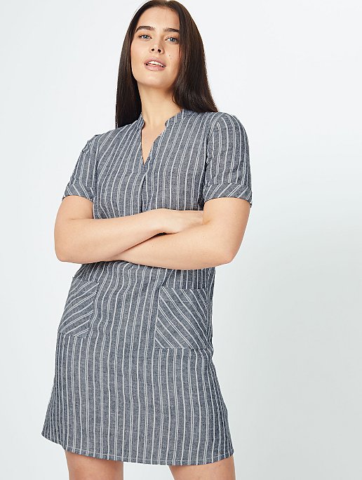 Grey Striped Linen Blend Short Sleeve Dress | Women | George at ASDA