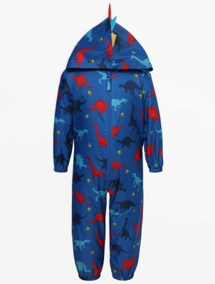 Blue Dinosaur Print Hooded Puddlesuit 