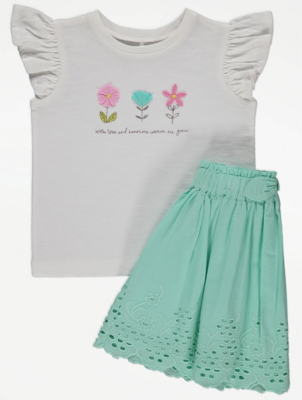 Flower Detail Slogan Top and Skirt Outfit