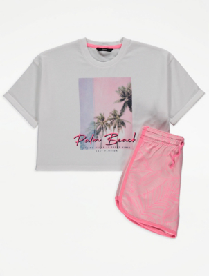 Palm Tree Print Boxy T-Shirt and Shorts Outfit
