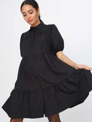 Black Poplin Collared Mini Dress 