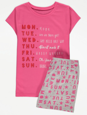 Pink Weekday Slogan Short Pyjamas