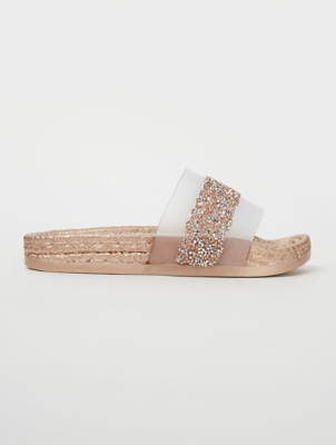 Bronze Gem Embellished Slider Sandals Women at ASDA