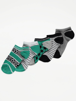 Green Football Print Trainer Liner Socks 5 Pack
