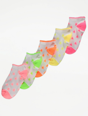 White Neon Star Print Trainer Liner Socks 5 Pack