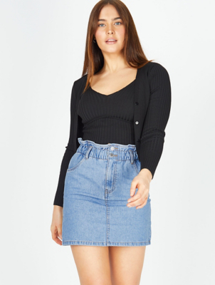 Blue Paper Bag Waist Denim Skirt 