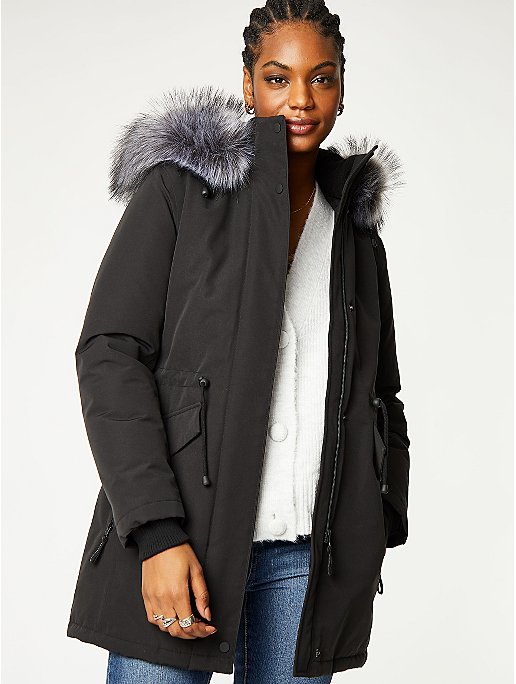 Black Faux Fur Trim Hooded Parka, Womens Coats With Faux Fur Trim