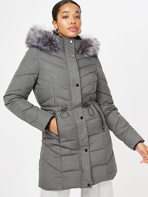 Grey Longline Padded Coat Women, Grey Coat With Hood Womens