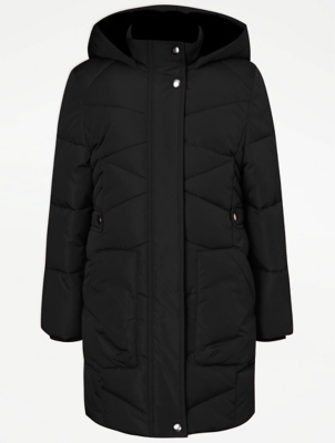 Black Longline Hooded Padded Shower Resistant Coat