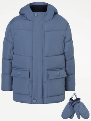 Blue Padded Shower Resistant Coat and Mittens Kids at ASDA