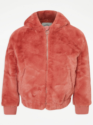 Burnt Orange Faux Fur Hooded Jacket Kids at ASDA