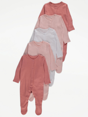 Long Sleeve Sleepsuits 5 Pack Baby at ASDA