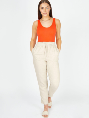 Cream Linen Blend Tapered Trousers