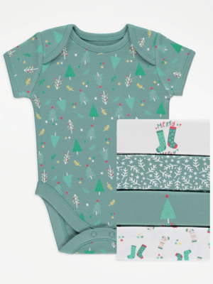 Green Christmas Tree Print Bodysuits 5 Pack