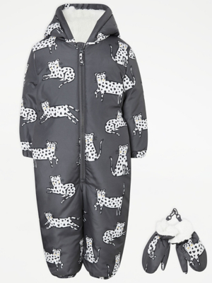 Charcoal Leopard Print Hooded Snowsuit