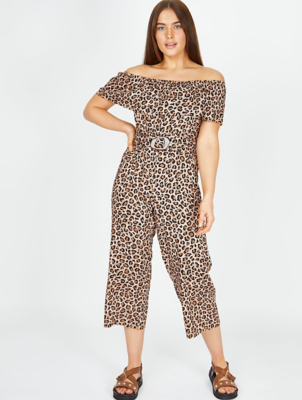 Leopard Print Belted Bardot Jumpsuit