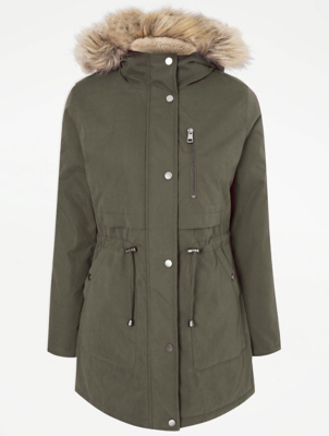 khaki faux fur trim parka