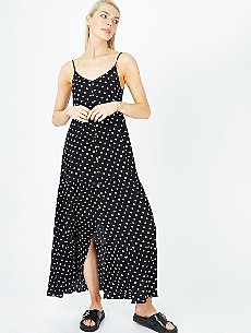 Black Polka Dot Print Tiered Maxi Dress