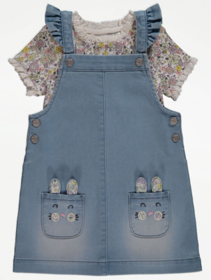 Floral Print Denim Pinafore and T-Shirt Outfit