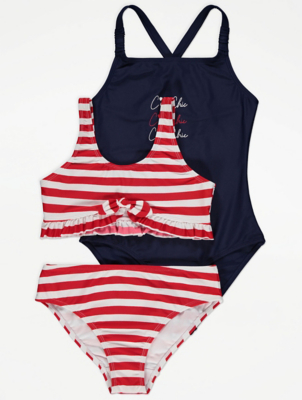Striped Bikini and Swimsuit Set