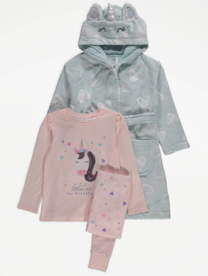 Unicorn Print Pyjamas and Dressing Gown Set