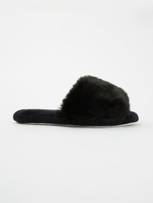 Black Faux Fur Open Toe Slider Slippers