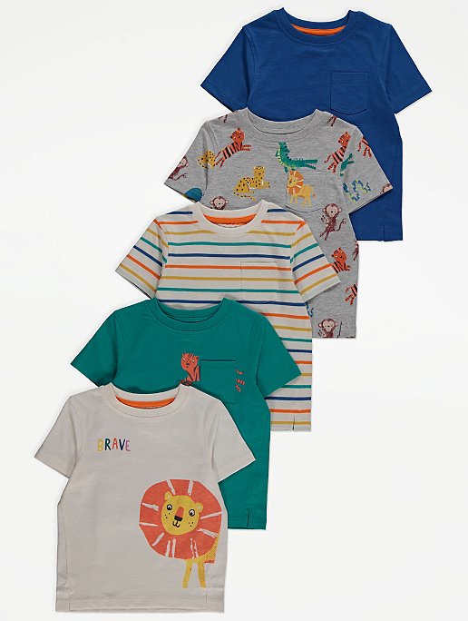 Safari Animal Print T-Shirts 5 Pack | Kids | George at ASDA