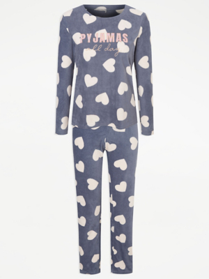 Navy Heart Print Fleece Pyjamas Gift Set