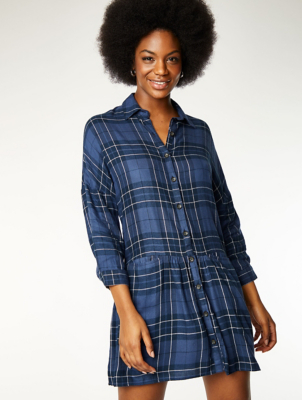 blue plaid long sleeve dress