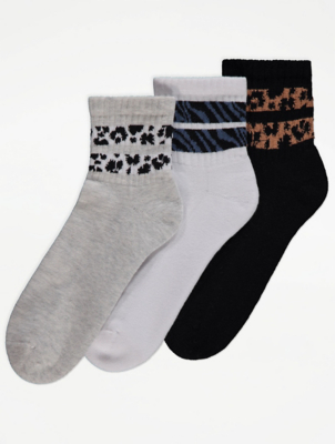 Ribbed Trim Cropped Ankle Sports Socks 3 Pack