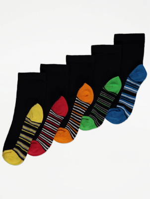 Black Contrast Stripe Footbed Socks 5 Pack
