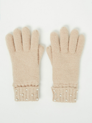 Pale Pink Bead Embellished Knitted Gloves