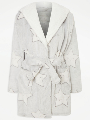 Light Grey Star Print Hooded Dressing Gown Women at ASDA