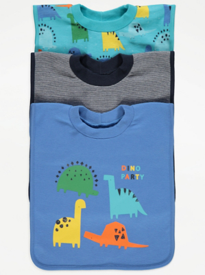 Blue Dinosaur Print Pop Over Bibs 3 Pack Baby at ASDA