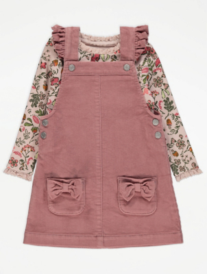 Pink Corduroy Pinafore Dress and Floral Top Outfit