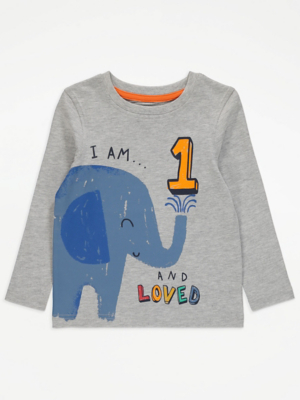 Grey First Birthday Elephant Print Long Sleeve Top
