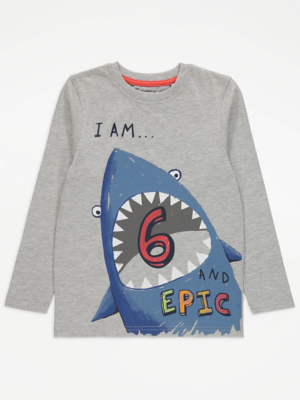 Grey Sixth Birthday Shark Print Long Sleeve Top