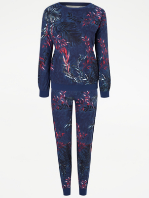 Navy Tropical Leaf Print Fleece Pyjamas